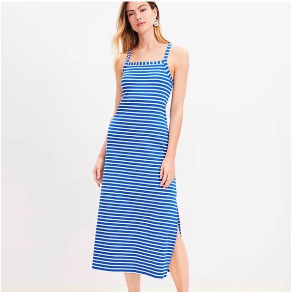 Loft Nautical Striped tank midi dress ribbed built in shelf bra 0 Petite